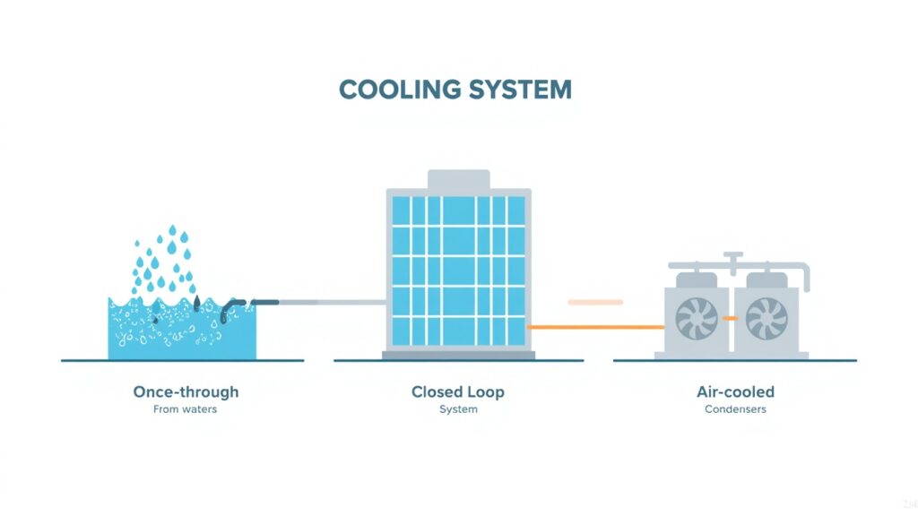 Comparison of once-through, closed-loop, and air-cooled cooling system types