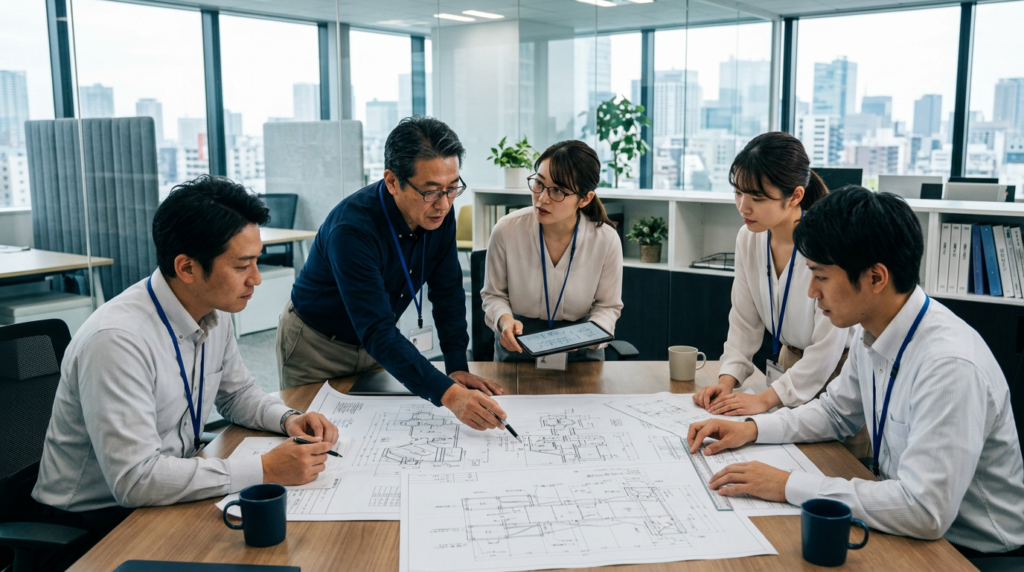 Japanese engineering team reviewing plant design drawings