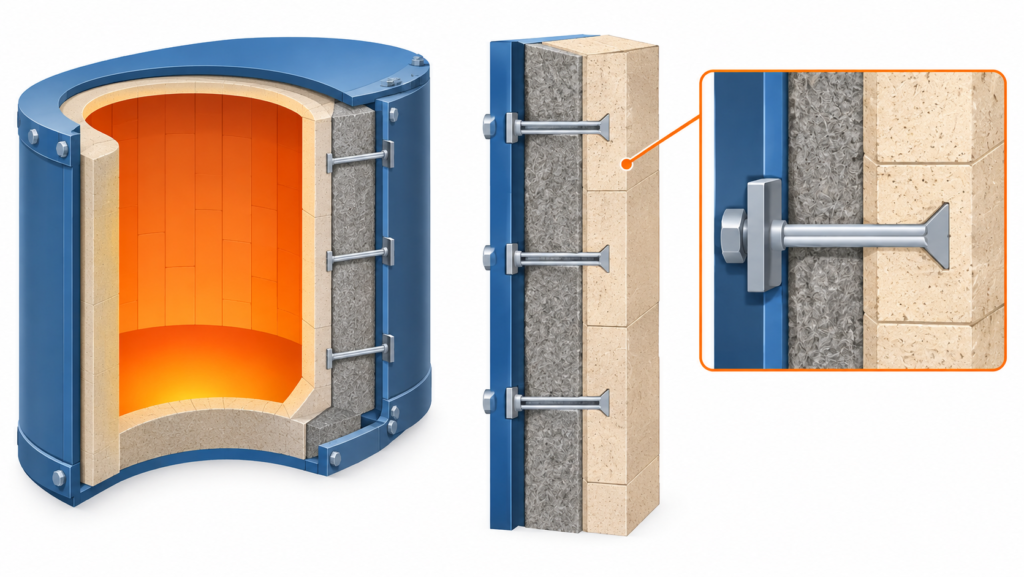 Refractory lining cross-section for industrial furnaces