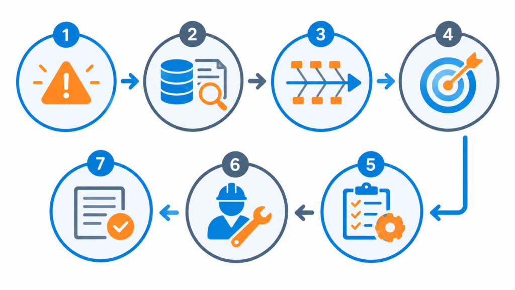 Seven-step root cause analysis process diagram