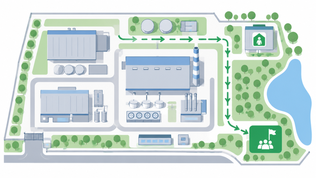 Evacuation routes and assembly points in industrial plants