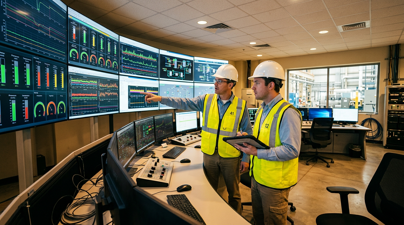 Engineers monitoring performance test data in an industrial plant control room