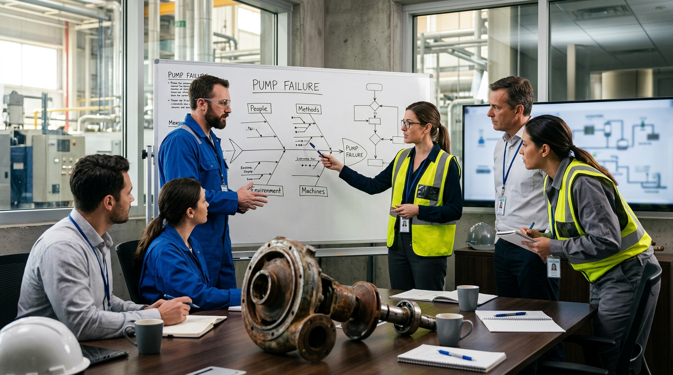 Root cause analysis team meeting at an industrial plant